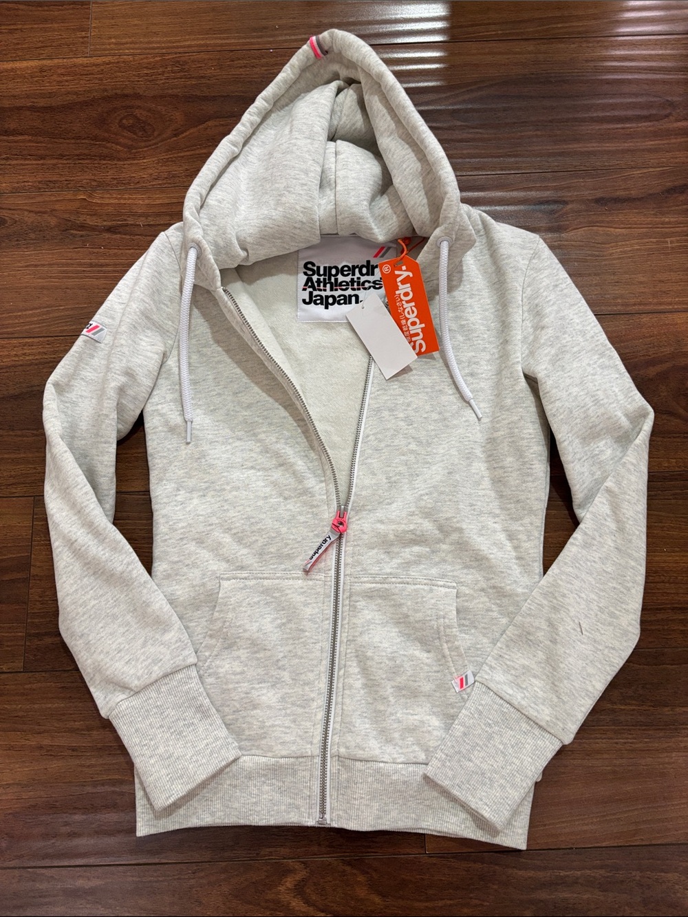 Superdry Light Gray Zip Hoodie with Pink Accent